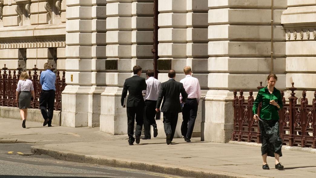 Civil servants outside the Foreign Office, King Charles Street Whitehall London