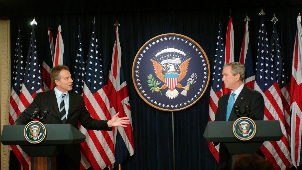 British prime minister Tony Blair and US president George Bush at a press conference in Washington in 2006. 