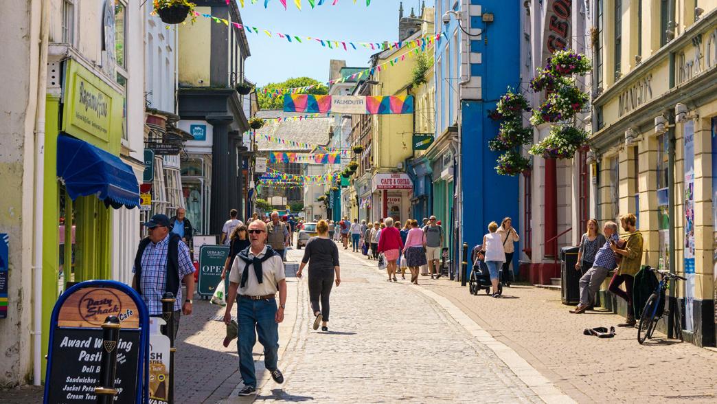 Falmouth town centre with people shopping in the summer, Falmouth, Cornwall, Westcountry